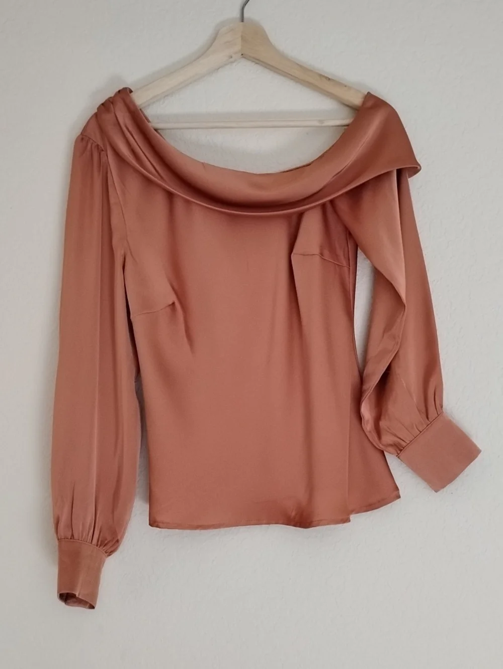Astr Off-Shoulder Satin Blouse in Rust Copper